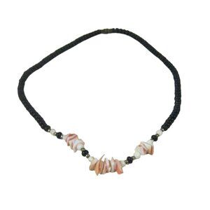 Handmade Black Wooden Beaded Necklace Shell Glass Beads Vintage 18 inch Beach
